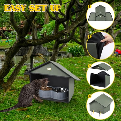 Dreyoo Outdoor Cat Feeding Station Weatherproof Shelter for Food & Water, Dusty Blue Y29685