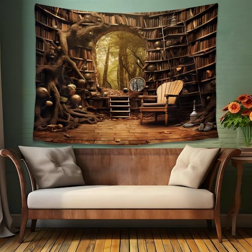 QGHOT Medieval Bookshelf Tapestry Vintage Library Wall Hanging P36533