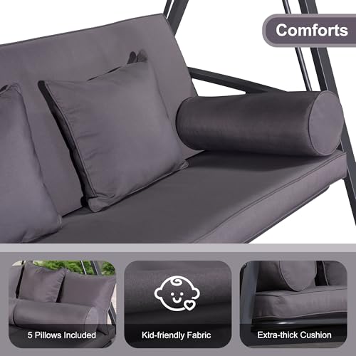 PURPLE LEAF Outdoor Patio Porch Swing with Adjustable Canopy, 3-Seat Bench, Grey W393