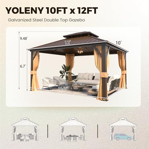 YOLENY 10' x 12' Hardtop Gazebo with Galvanized Steel Double Roof, Netting and Curtains Y84317