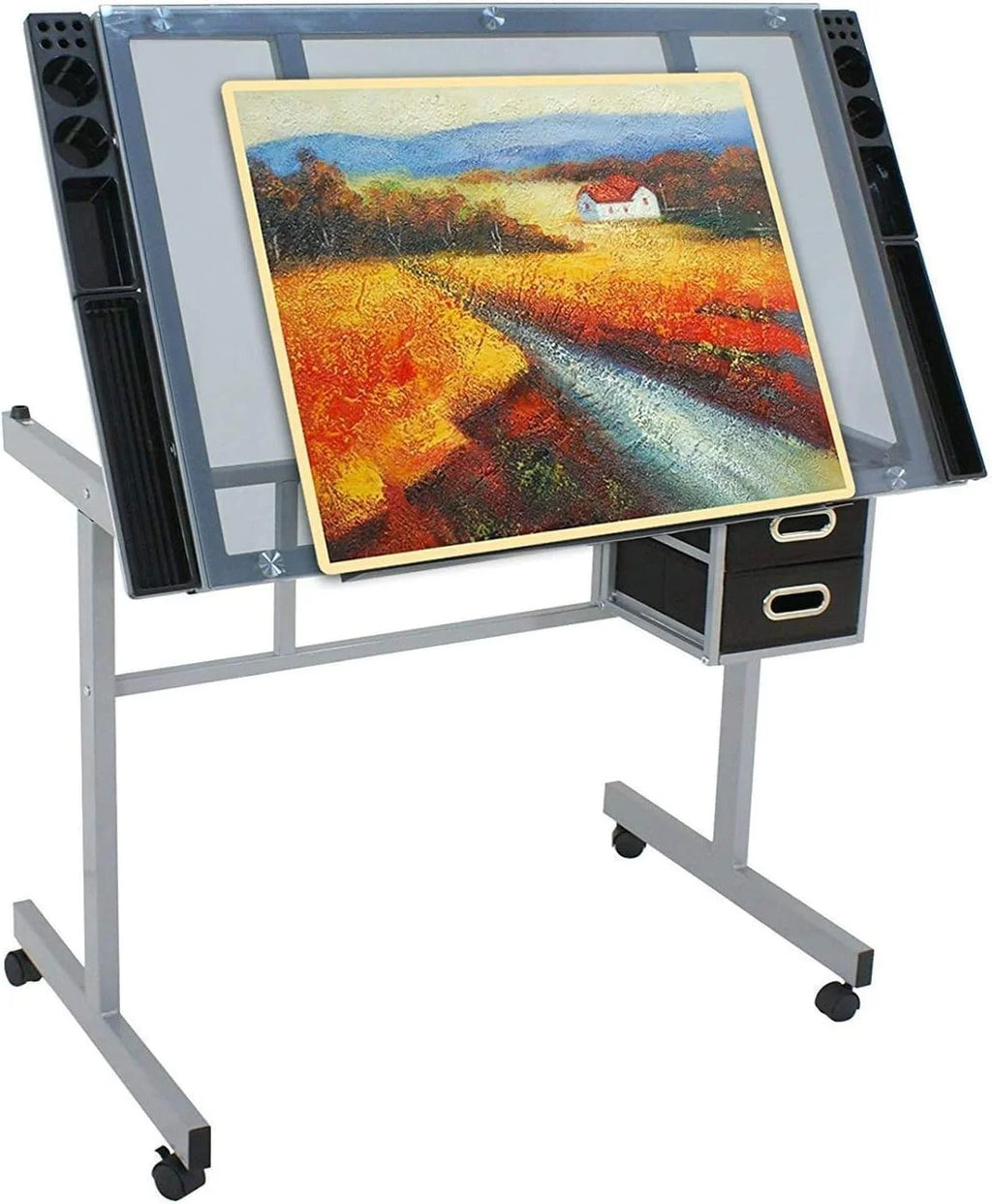 KHBIULIFE Adjustable Drafting Table with Tempered Glass Top and 2 Drawers R8017