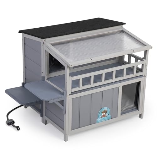 Outdoor Cat House 2-Tier Wood Shelter with Sunlight Roof, Gray J986