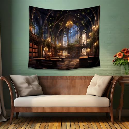 QGHOT Medieval Bookshelf Tapestry Vintage Library Wall Hanging P36533