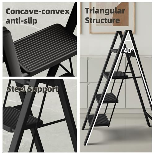 4 Step Ladder, Anti-Slip Wide Pedal, 330lbs Capacity Steel Folding Ladder (Black) S8007