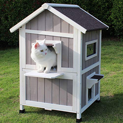 Rockever Outdoor Cat House, Large Wooden Weatherproof Shelter with Escape Door Z2462