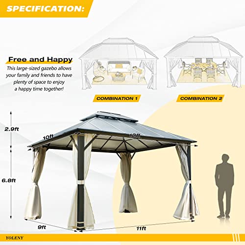 YOLENY 10' x 12' Hardtop Gazebo with Galvanized Steel Double Roof, Netting and Curtains Y84317