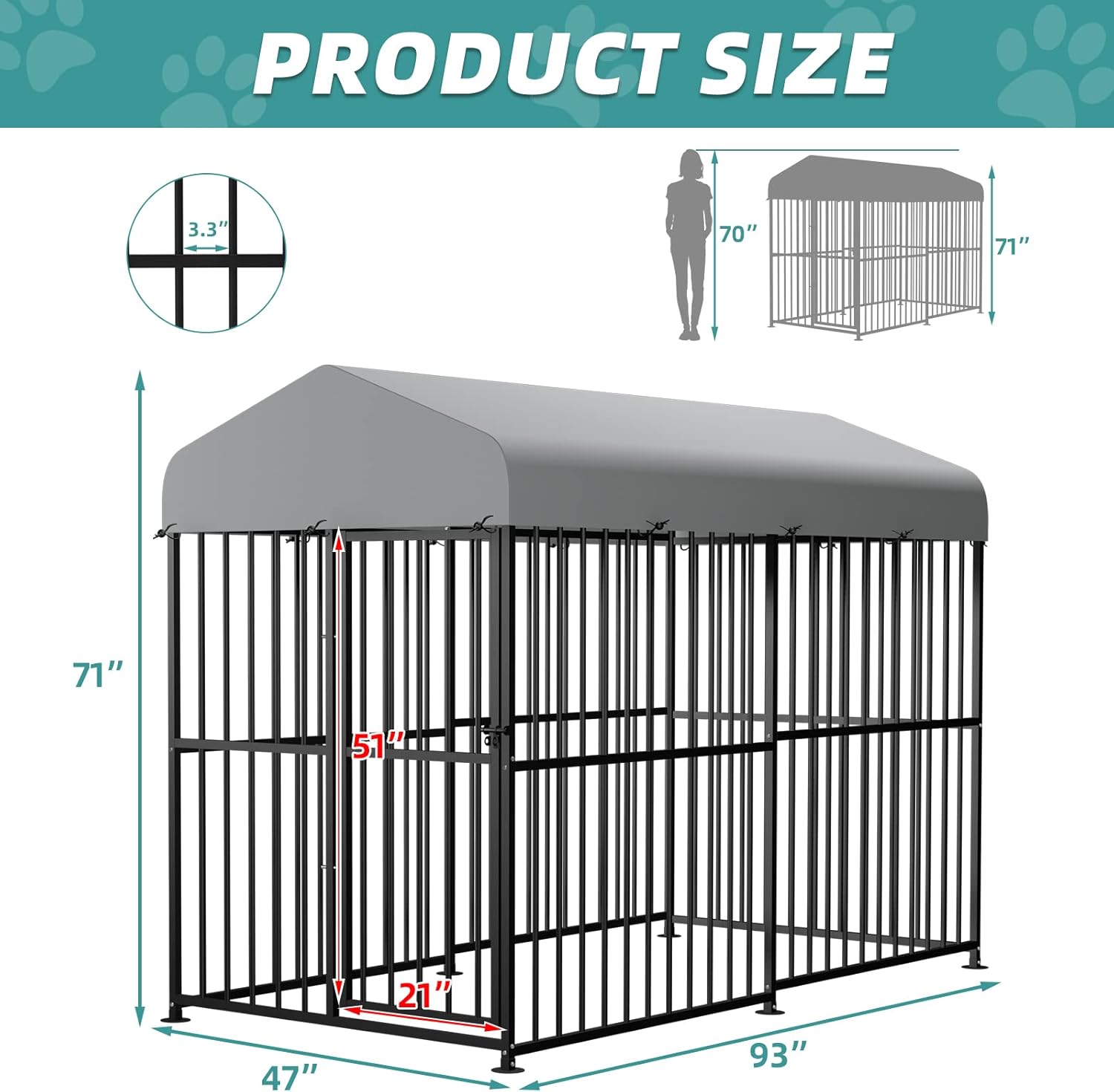 MEETWARM Large Outdoor Dog Kennel, Heavy Duty Metal Pet Playpen with Waterproof Cover T636