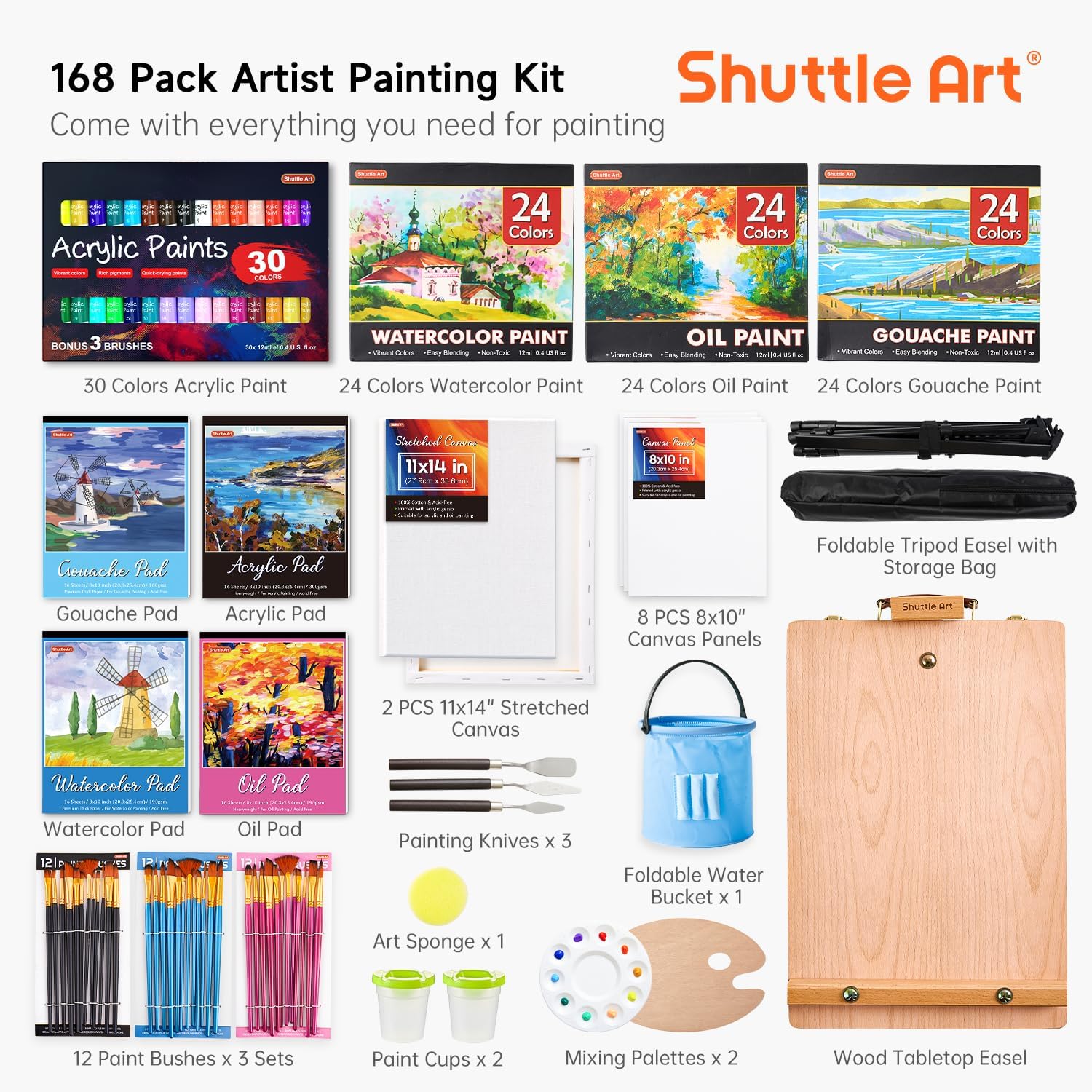 Shuttle Art 168 Pcs Artist Painting Set with Easels, Canvas, Brushes and Art Supplies W345
