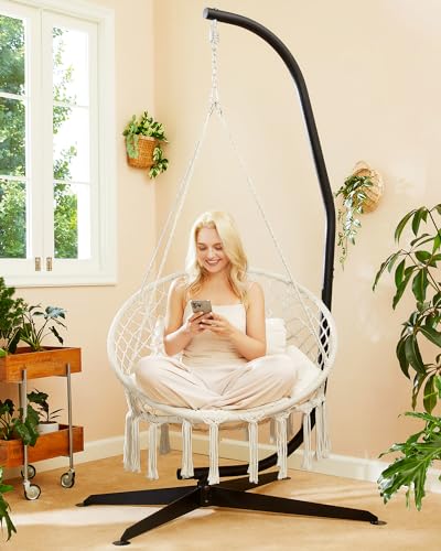 Greenstell Hammock Chair, Macrame Swing Chair with Cushion, Indoor & Outdoor, Beige G7957