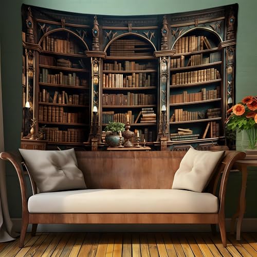 QGHOT Medieval Bookshelf Tapestry Vintage Library Wall Hanging P36533