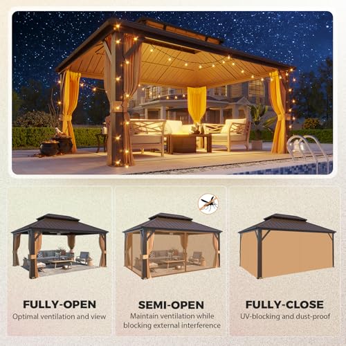YOLENY 10' x 12' Hardtop Gazebo with Galvanized Steel Double Roof, Netting and Curtains Y84317