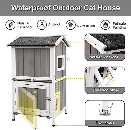Outdoor Cat Shelter Weatherproof Two Story Wooden Feral Cat House with Openable Roof V6308