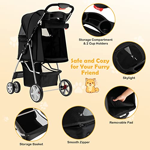 Giantex Folding Dog Stroller for Small Medium Dogs Cats with 4 Lockable Wheels, Navy Q23024