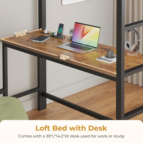 ADORNEVE Twin Size Loft Bed with Desk, LED Lights & Charging Station, White N63088