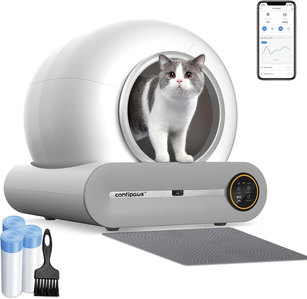 Automatic Cat Litter Box Self Cleaning Robot Cat Litter Box for Multiple Cats, Auto Clean Cat Litter Box with APP Control & Ionic Deodorizer, 65L+9L Smart Cat Toilet with Mat, Liner, Brush