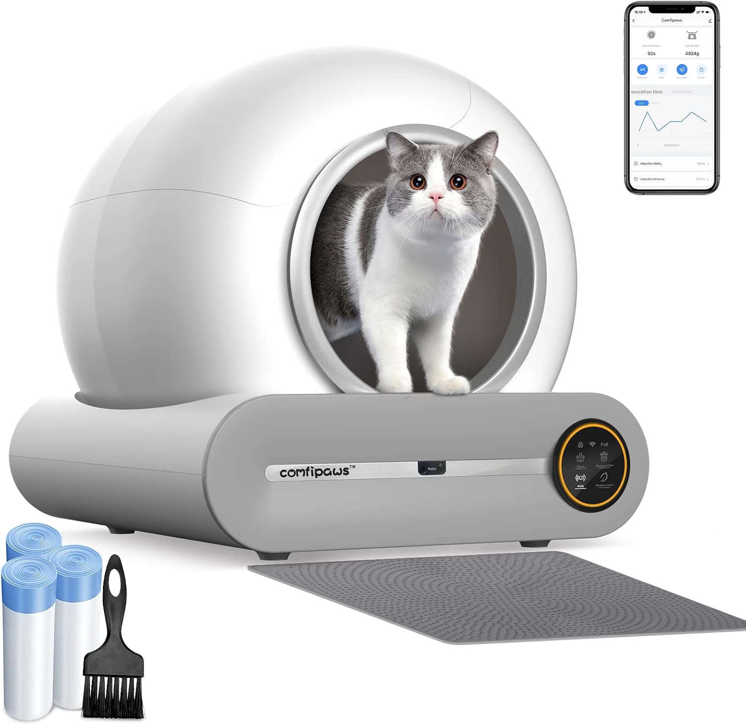 Automatic Cat Litter Box Self Cleaning Robot Cat Litter Box for Multiple Cats, Auto Clean Cat Litter Box with APP Control & Ionic Deodorizer, 65L+9L Smart Cat Toilet with Mat, Liner, Brush