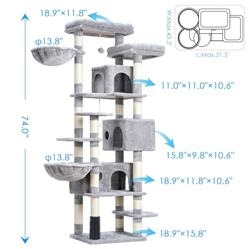 Hey-brother Cat Tree 74 inches Multi-Level XL Cat Tower for Indoor Cats, Light Gray X944591