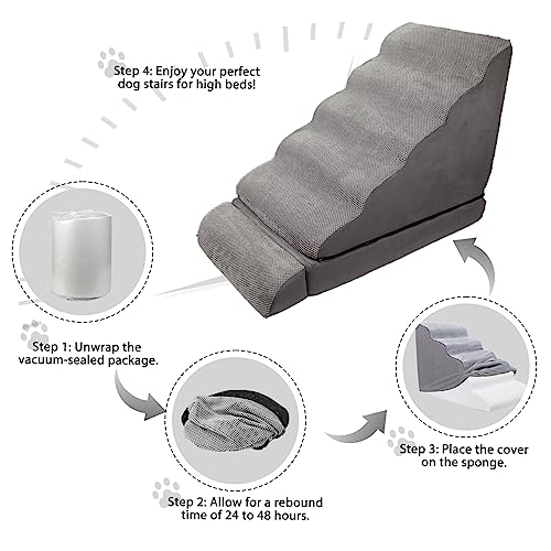 LitaiL 6 Step Foam Dog Stairs for High Beds 30-36 Inches, Non-Slip Pet Ramp for Large Dogs I40882