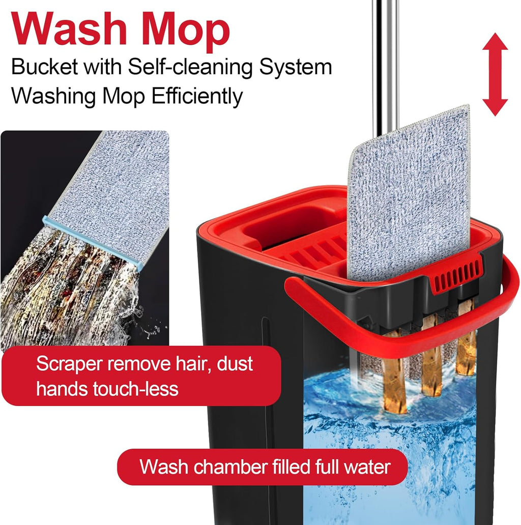 Mop and Bucket with Wringer Set, Hands Free Flat Mop with Stainless-Steel Handle, 3 Microfiber Pads S594
