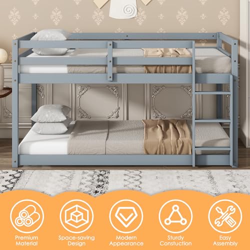 Twin Over Twin Wood Bunk Bed with Ladder and Guardrails for Kids P604