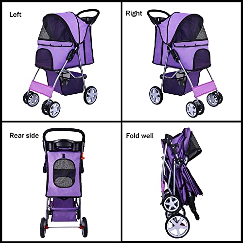 4 Wheel Pet Stroller for Small Dogs Cats, Folding Travel with Detachable Carrier R513