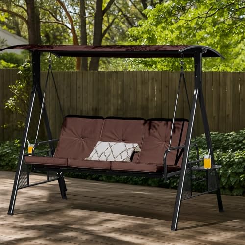 Yaheetech 3-Seat Outdoor Patio Swing with Adjustable Sunshade, Dark Brown B498326