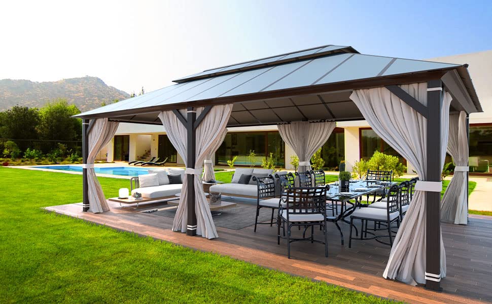 YOLENY 10' x 12' Hardtop Gazebo with Galvanized Steel Double Roof, Netting and Curtains Y84317
