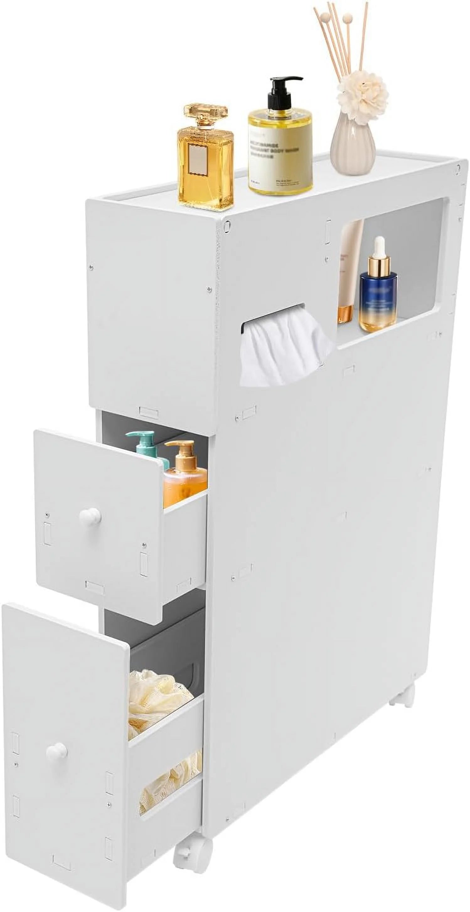 Slim Bathroom Storage Cabinet with Toilet Roll Holder on Wheels H204