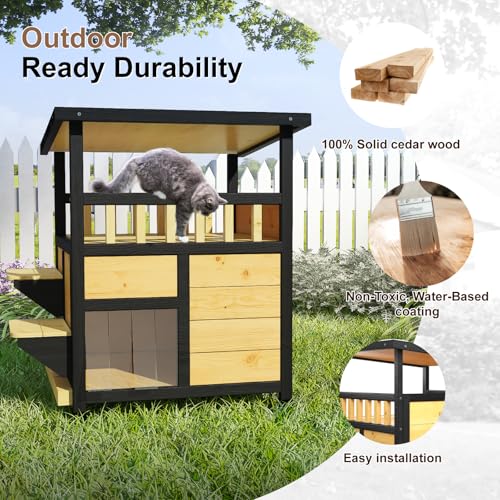 Outdoor Cat House Weatherproof Two Story Feral Cat Shelter with Escape Door G358954