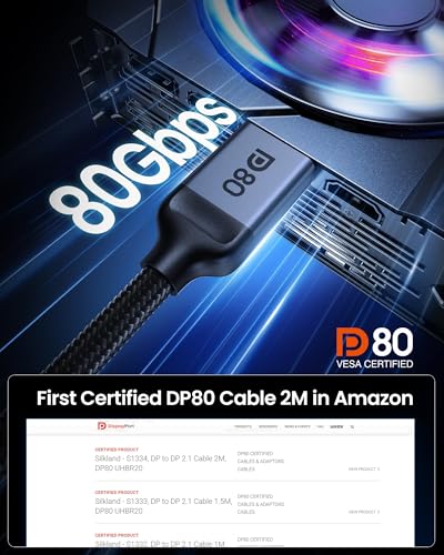 Silkland 80Gbps DisplayPort Cable 2.1 6.6FT VESA Certified 8K@240Hz HDR E3447