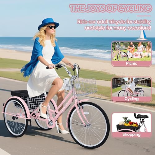 26 Inch 7 Speed Adult Tricycle, 3 Wheel Beach Cruiser Bike with Backrest and Baskets V183109