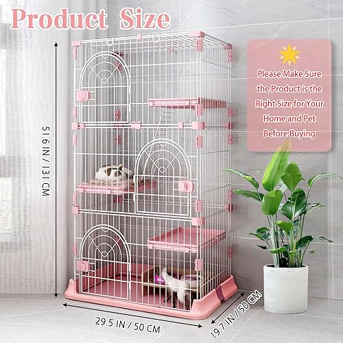 Hamiledyi Indoor Cat Cage 52 Inches Large Pet Crate with 3 Platforms and 1 Ramp Ladders (Pink) O39080