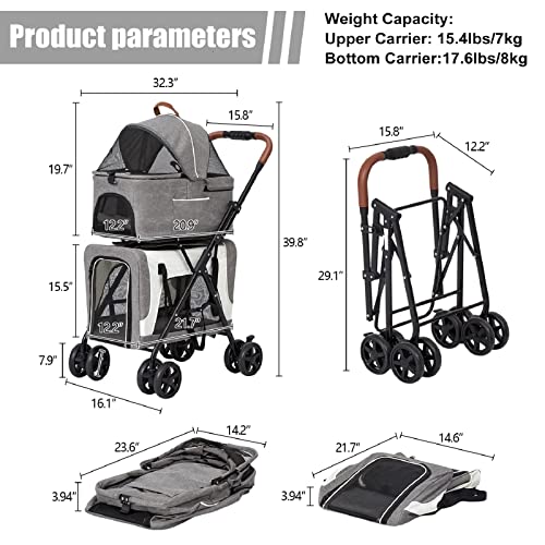 Double Dog Stroller for Small Pets with Detachable Carrier, Grey B168507
