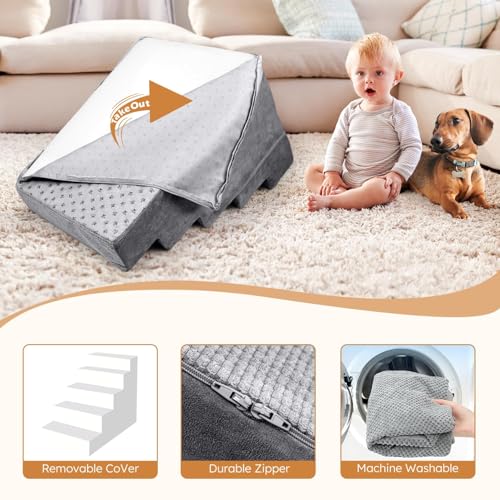 Heeyoo Dog Stairs for Small Dogs, 5-Step Foam Pet Steps for High Bed and Couch, Grey U471171