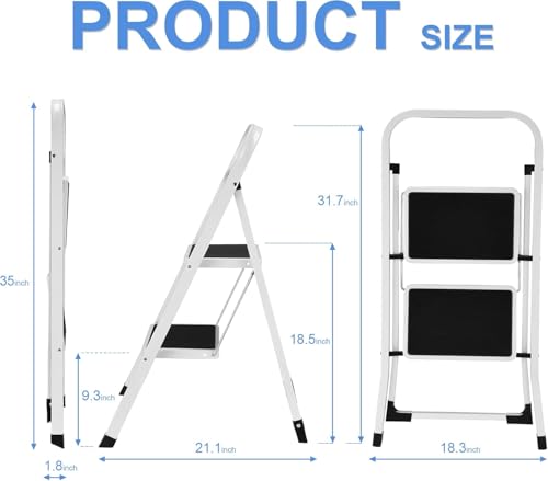 Soctone 2 Step Folding Ladder with Anti-Slip Pedal and Handrails, White V202