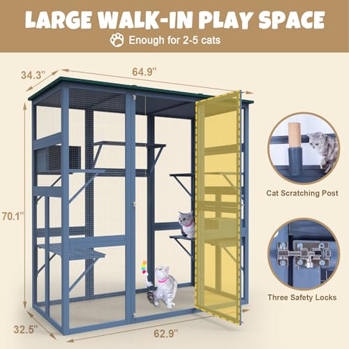 Outdoor Cat Enclosure Large Walk-in Cat Cage with Waterproof Roof P7165