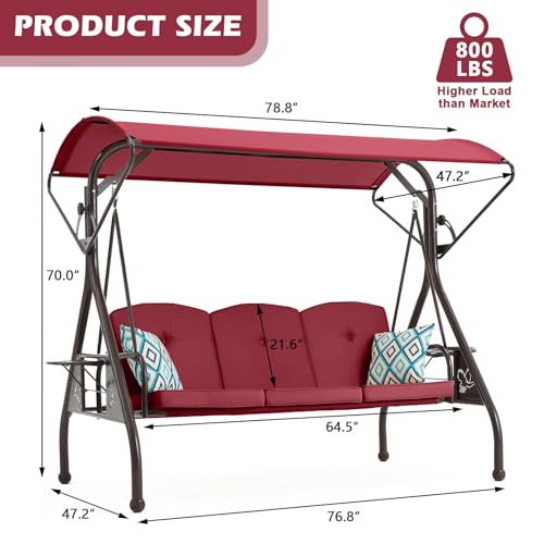 800LBS Patio Swing with Canopy 3 Seat Outdoor Porch Swing with Stand, Cup Holder & Pillow (Green) O887