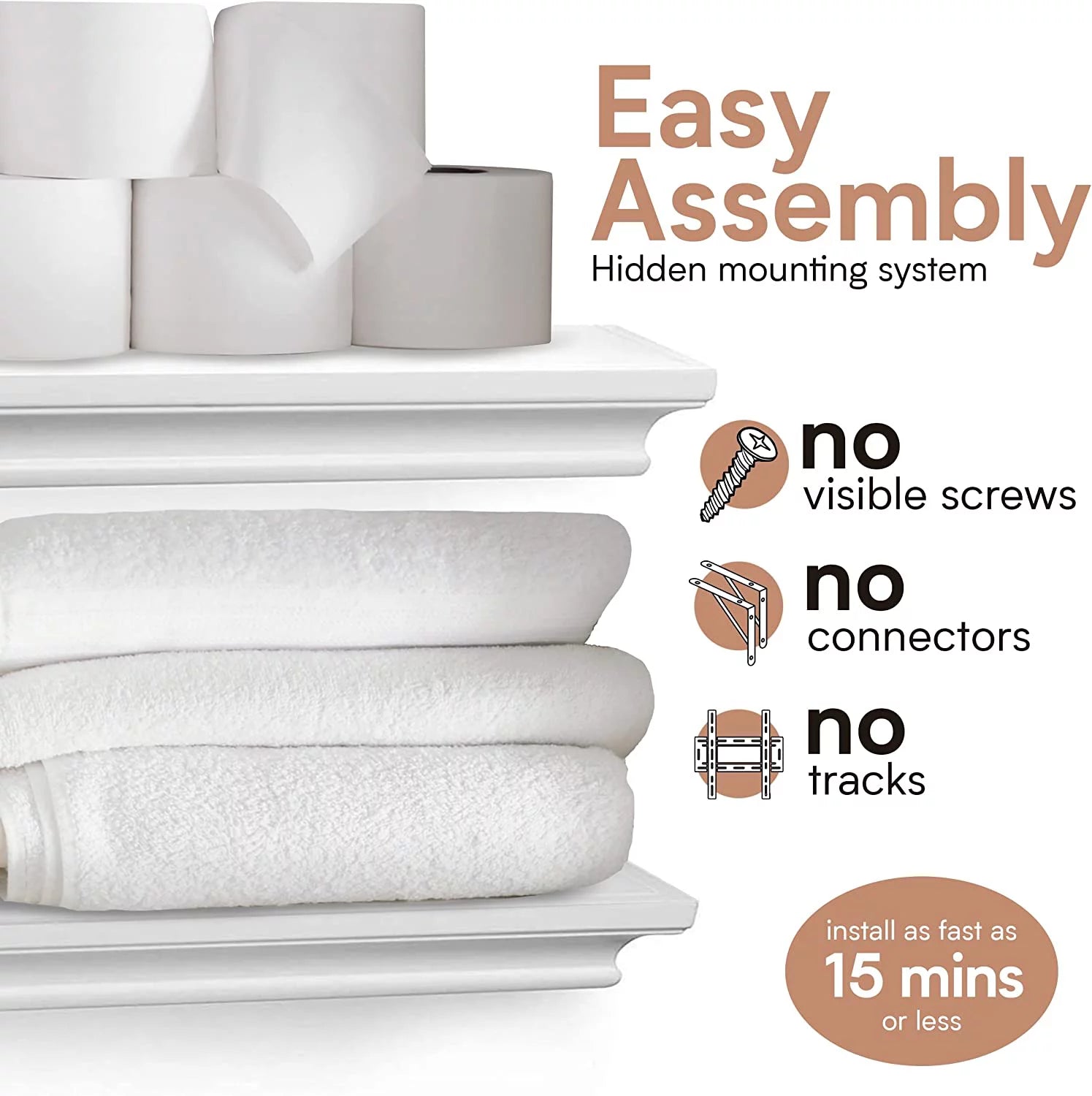 Set of 2 White Floating Wall Shelves for Bedroom, Bathroom, Living Room, and Kitchen S615