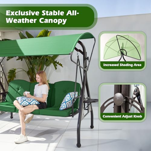 800LBS Patio Swing with Canopy 3 Seat Outdoor Porch Swing with Stand, Cup Holder & Pillow (Green) O887