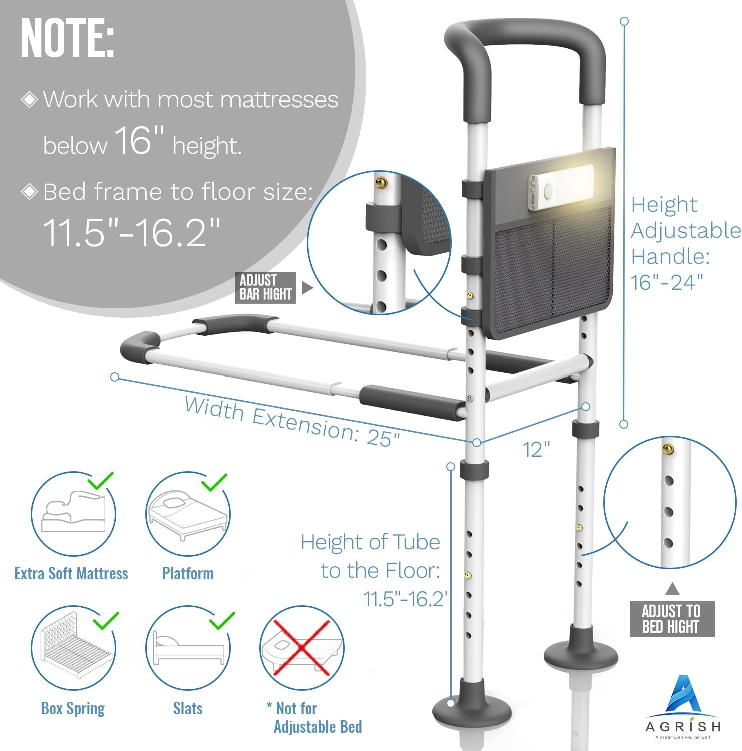 Bed Rails for Elderly Adults with Motion Light & Storage Pouch M579424