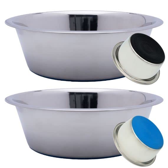 Stainless Steel Metal Dog Bowl | 3 Cup | Set of 2 | Silicone Non-Skid Base | Heavy Duty, Rust Resistant Stainless Steel | Cats and Dogs | Dry and Wet Foods | 1 Blue and 1 Black Bottom