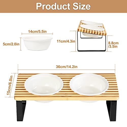 Sunhoo Ceramic Elevated Cat Bowls with Bamboo Stand, Raised Double Dish for Food and Water Z263