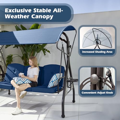 800LBS Patio Swing with Canopy 3 Seat Outdoor Porch Swing with Stand, Cup Holder & Pillow (Green) O887