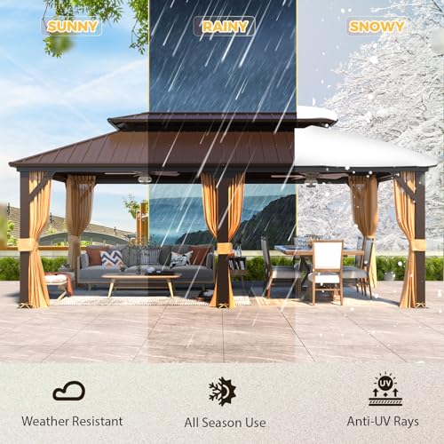 YOLENY 10' x 12' Hardtop Gazebo with Galvanized Steel Double Roof, Netting and Curtains Y84317