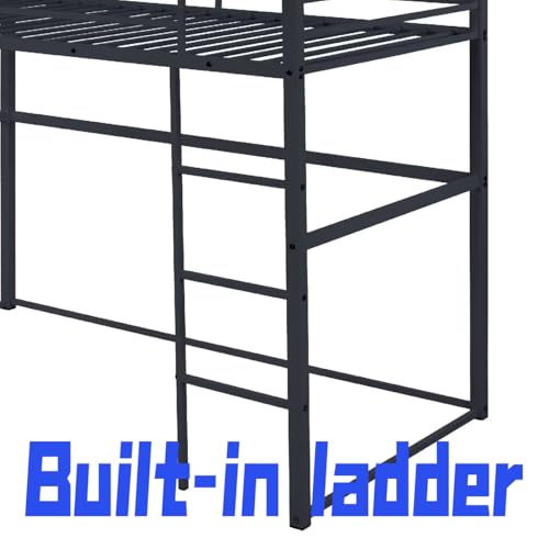Metal Loft Bed Frame Twin Size with Safety Guard Rails & Built-in Ladder, Black C7852
