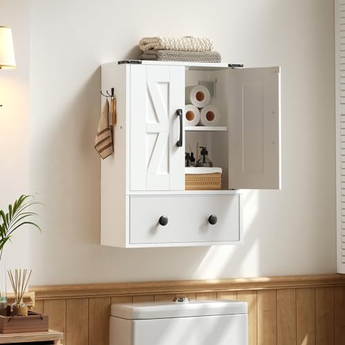 Bathroom Wall Cabinet with Fabric Drawer, Double-Door, White E479