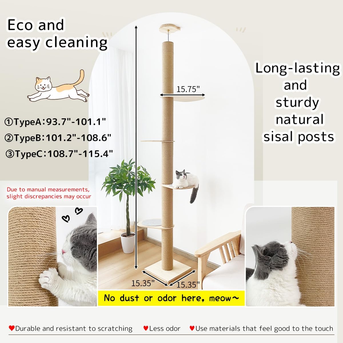 Cat Climbing Tower Floor-to-Ceiling with Natural Sisal Rope Scratching Post Y359