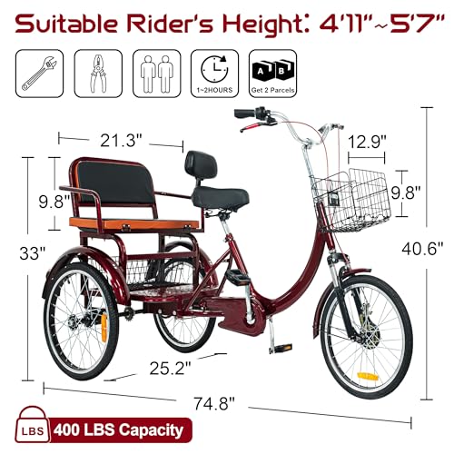 MOOITZ Adult Tricycle 20 Inch 3-Wheel Low Step-Through Cruiser Bike with Baskets X437