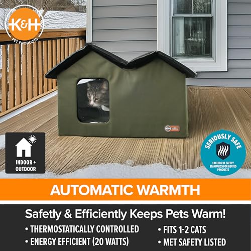 K&H Pet Products Extra-Wide Heated Outdoor Cat House, Weatherproof Insulated Shelter, 2 Doors, Olive G573