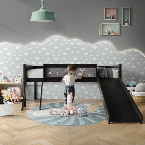 Antique Gray Wood Twin Loft Bed with Slide and Ladder for Kids A324